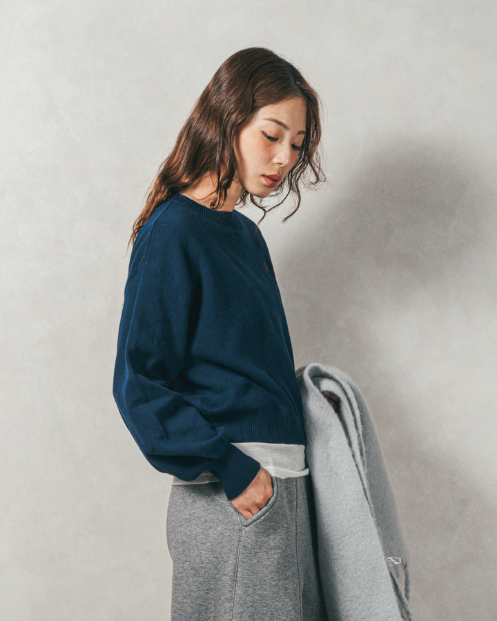 スウェットライクロゴ刺繍ニット (NAVY)