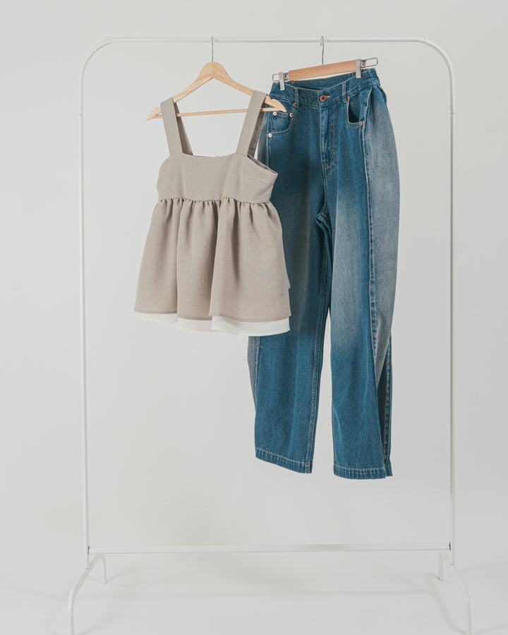 ［SET］スラブTweedバイカラーティアードキャミ + 10oz サイドタック リラックスデニムパンツ（2SET）