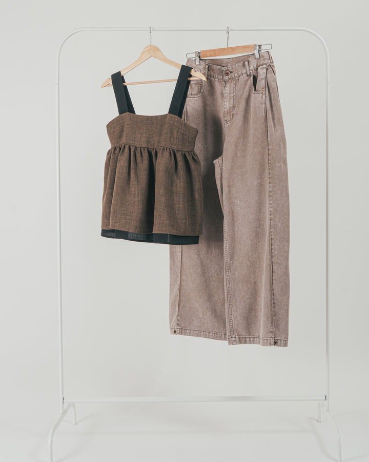［SET］スラブTweedバイカラーティアードキャミ + 10oz サイドタック リラックスデニムパンツ（2SET）