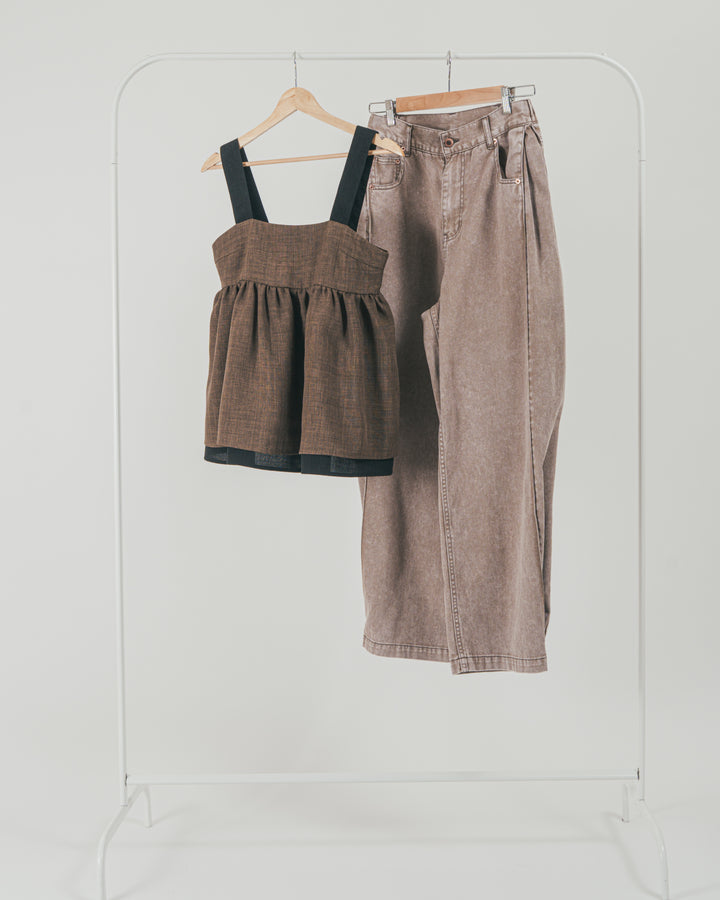 ［SET］スラブTweedバイカラーティアードキャミ + 10oz サイドタック リラックスデニムパンツ（2SET）