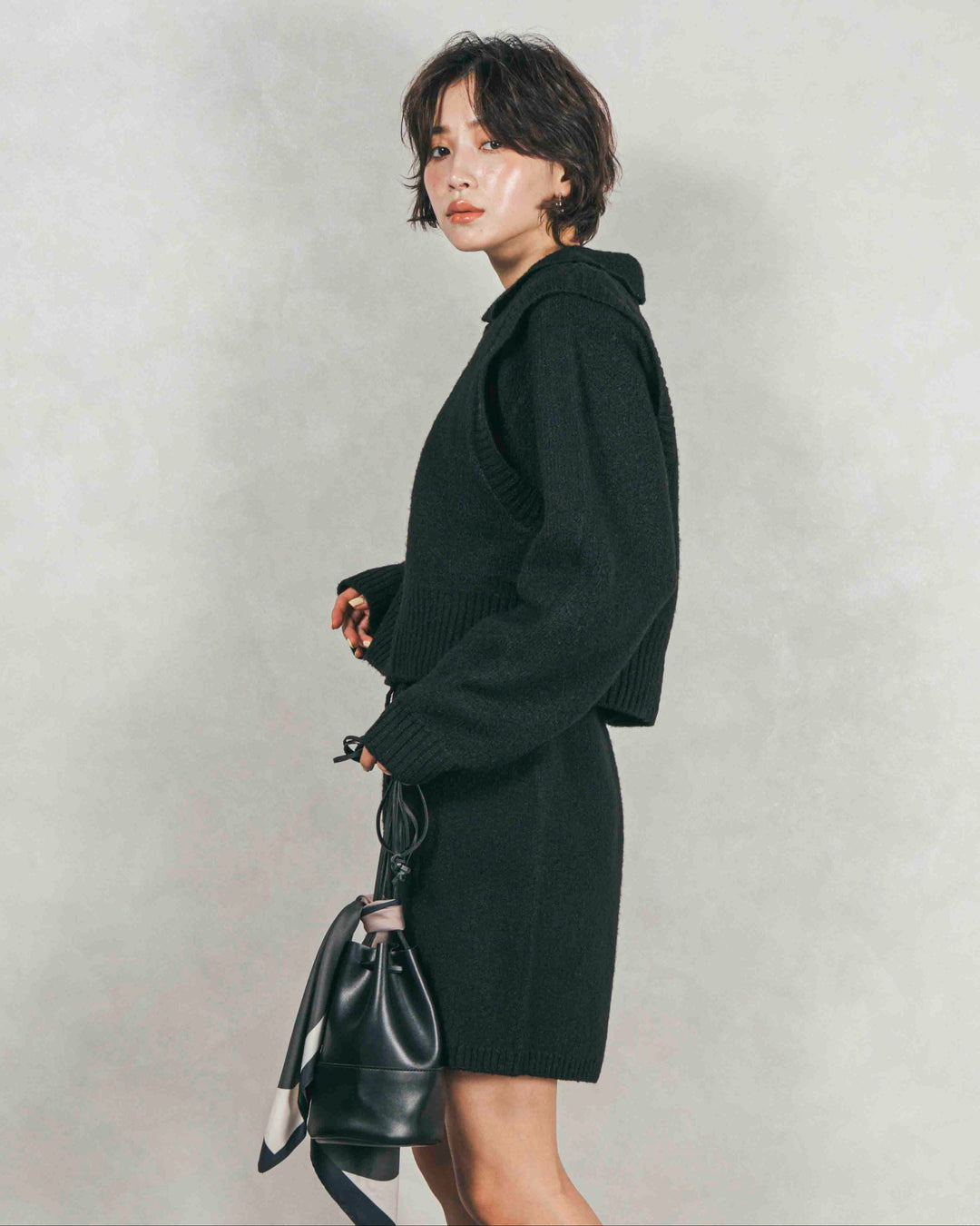 Cloudyメランジ襟付きカーディガン (BLACK)