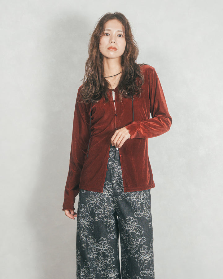 ベロア Vネックカーディガン (BORDEAUX)