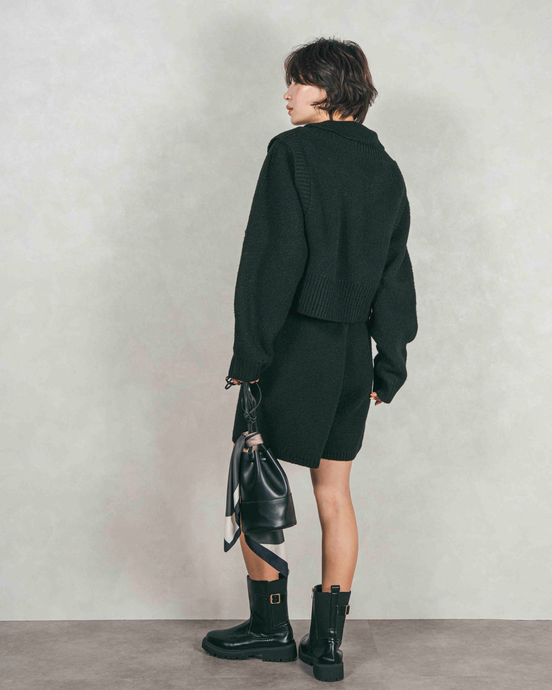 ［SET］Cloudyメランジ襟付きカーディガン+Cloudyメランジクロップドベスト+Cloudyメランジハーフパンツ（3SET）