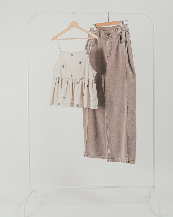 ［SET］Flower刺繍　ボリュームキャミ + 10oz サイドタック リラックスデニムパンツ（2SET）
