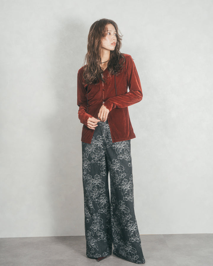 ベロア Vネックカーディガン (BORDEAUX)