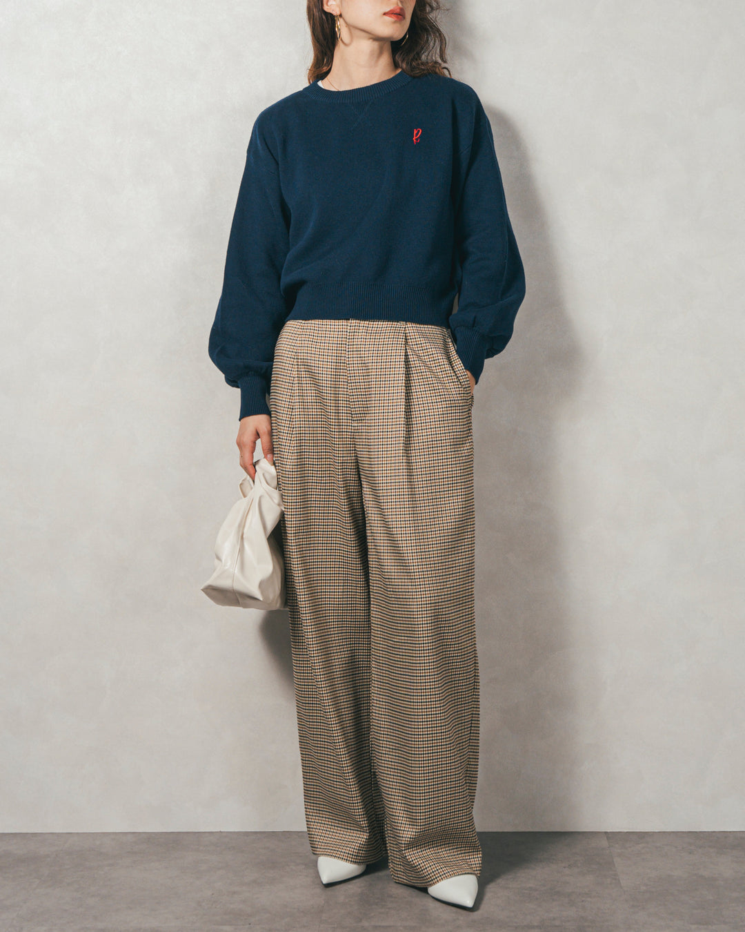 ［SET］スウェットライクロゴ刺繍ニット+Effortless チェックジャケット+Effortless チェックタックパンツ（3SET）