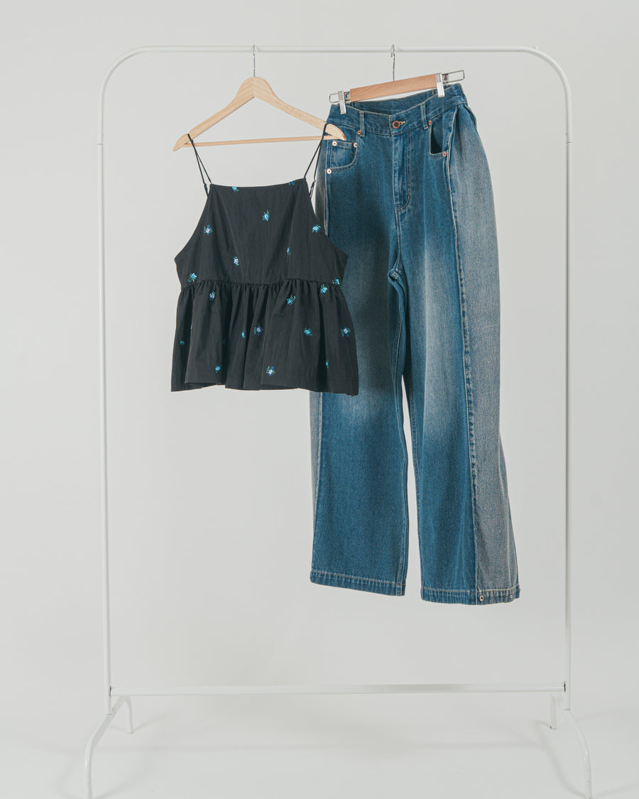 ［SET］Flower刺繍　ボリュームキャミ + 10oz サイドタック リラックスデニムパンツ（2SET）
