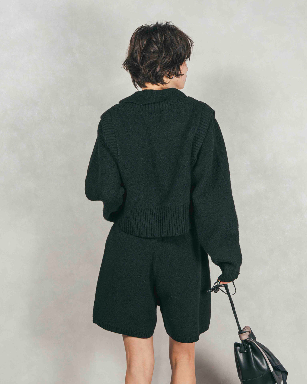 ［SET］Cloudyメランジ襟付きカーディガン+Cloudyメランジクロップドベスト+Cloudyメランジハーフパンツ（3SET）