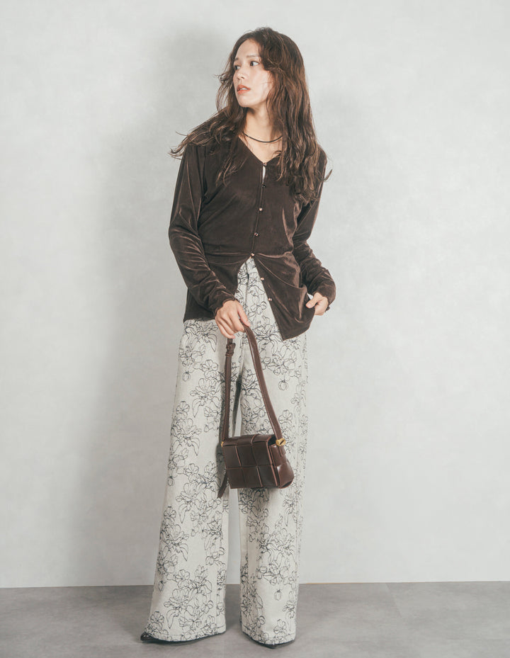 ベロア Vネックカーディガン (BROWN)