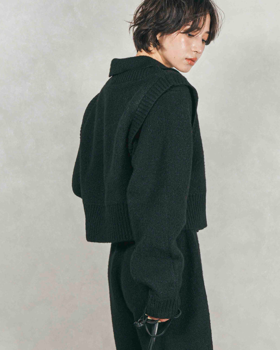 Cloudyメランジ襟付きカーディガン (BLACK)