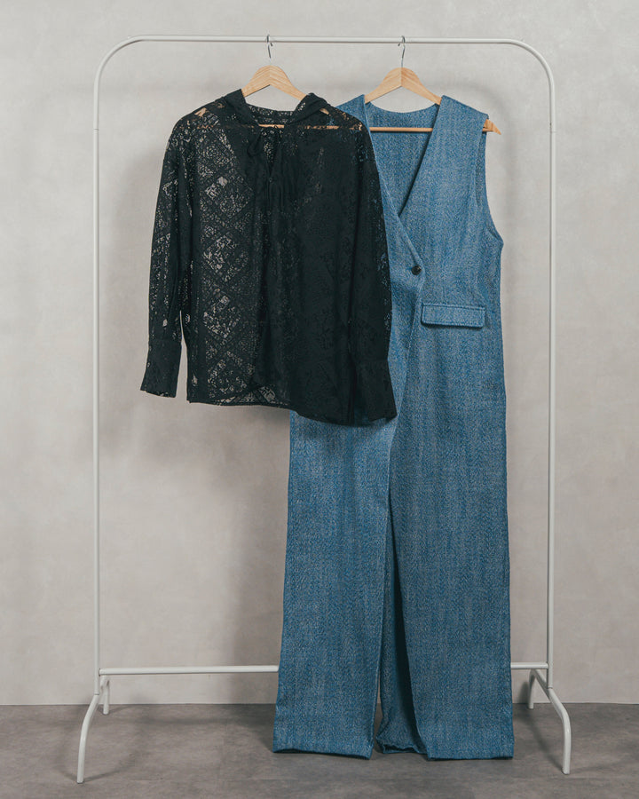 ［SET］デニムライク へリンボーンサロペット + Blockレース　フーディーブラウス（2SET）