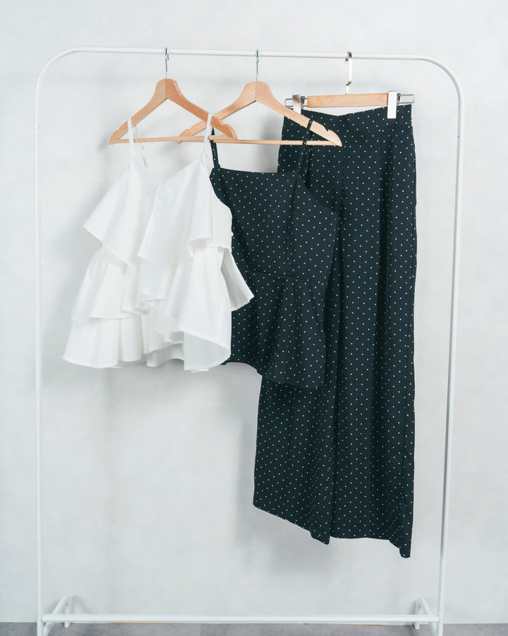［SET］ドットペプラムビスチェ+ドットイージーストレートパンツ+フリルウェーブキャミトップス（3SET）