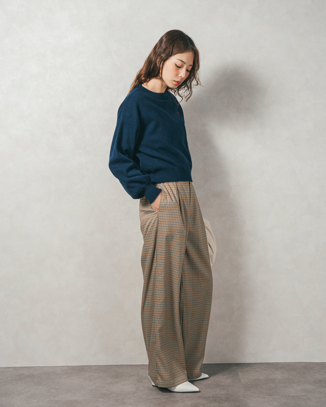 ［SET］スウェットライクロゴ刺繍ニット+Effortless チェックジャケット+Effortless チェックタックパンツ（3SET）