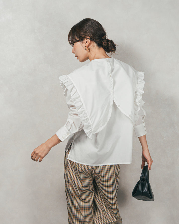 ［SET］2WAYビッグフリルカラーブラウス+モヘアタッチKnitビスチェ+2-Way ウェーブデザインスウェットパンツ（3SET）