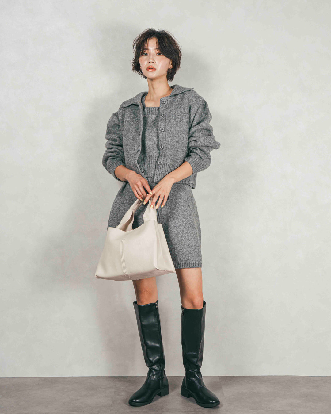 Cloudyメランジ襟付きカーディガン (GRAY)