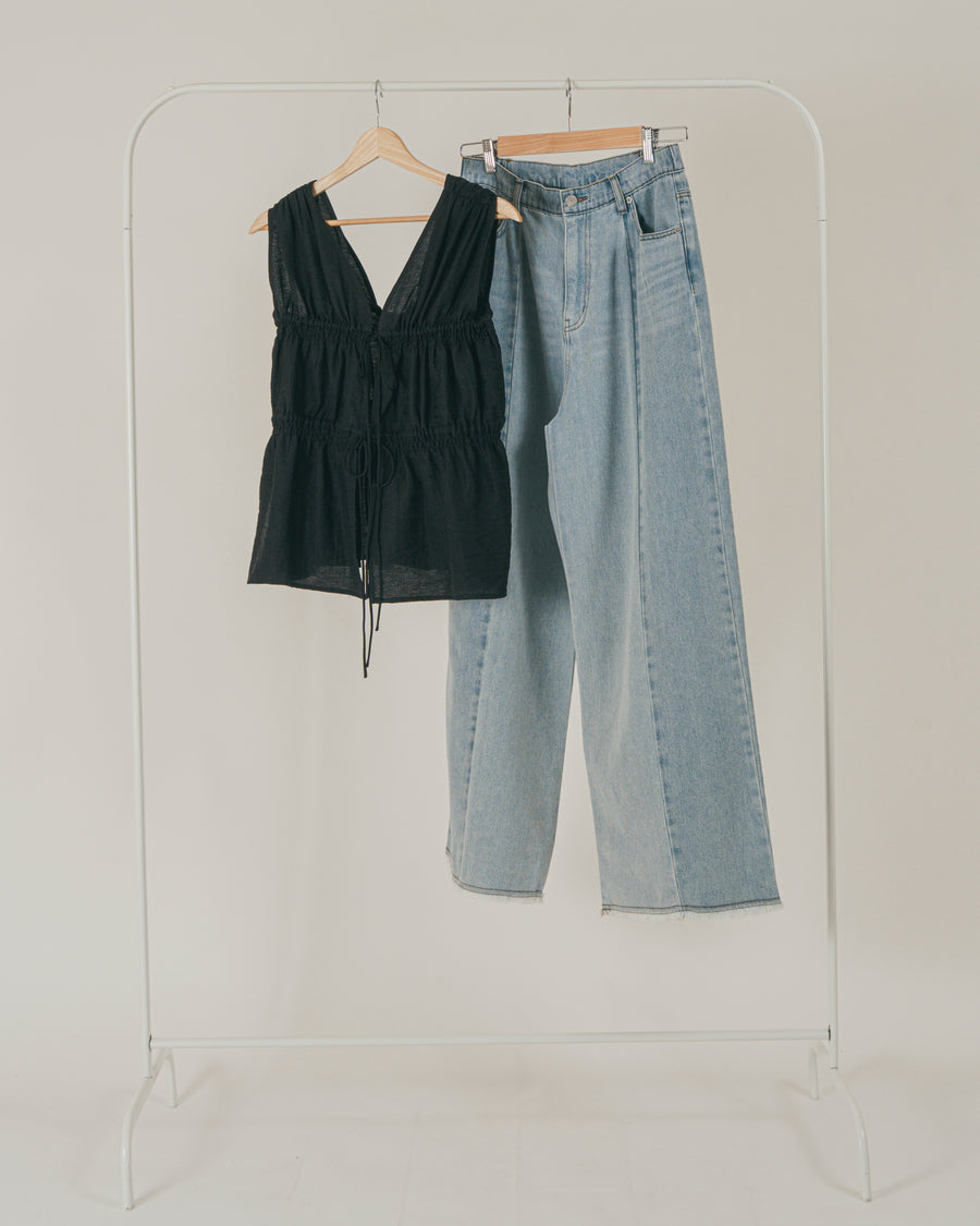 ［SET］リネンタッチShirringリボンブラウス + 10oz ニュアンスバイカラー リラックスワイドデニム（2SET）