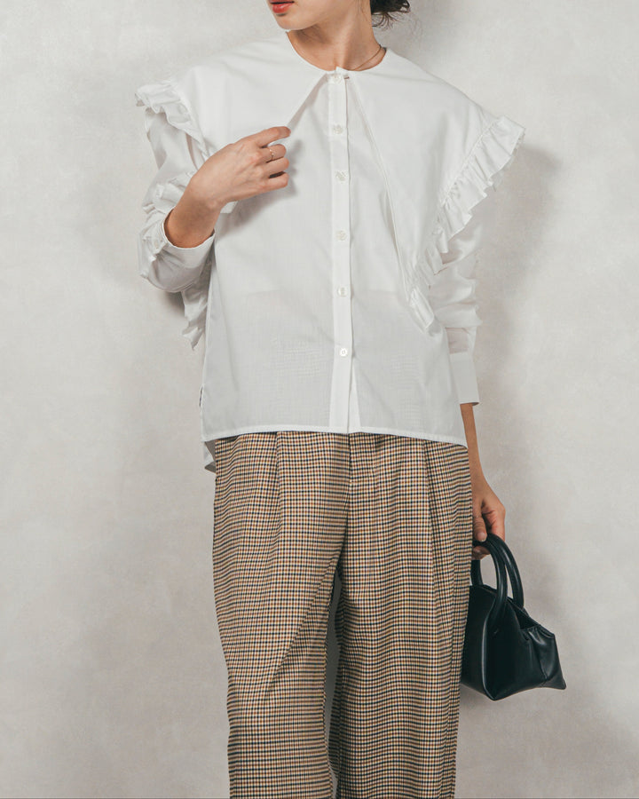 ［SET］2WAYビッグフリルカラーブラウス+Effortless チェックタックパンツ（2SET）