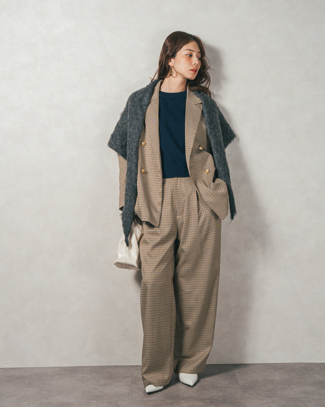 ［SET］スウェットライクロゴ刺繍ニット+Effortless チェックジャケット+Effortless チェックタックパンツ（3SET）