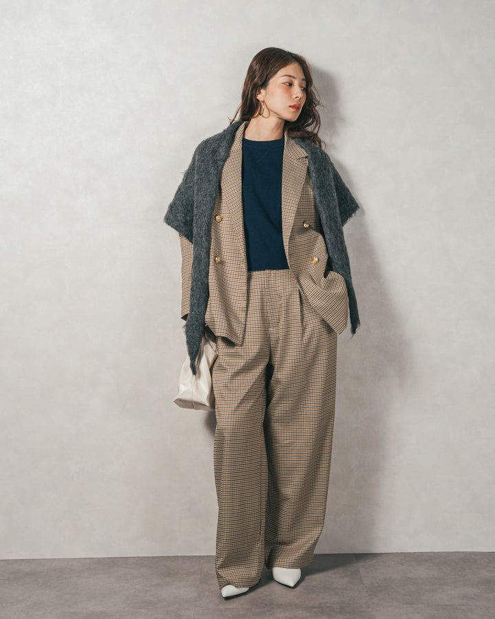 ［SET］スウェットライクロゴ刺繍ニット+Effortless チェックジャケット+Effortless チェックタックパンツ（3SET）