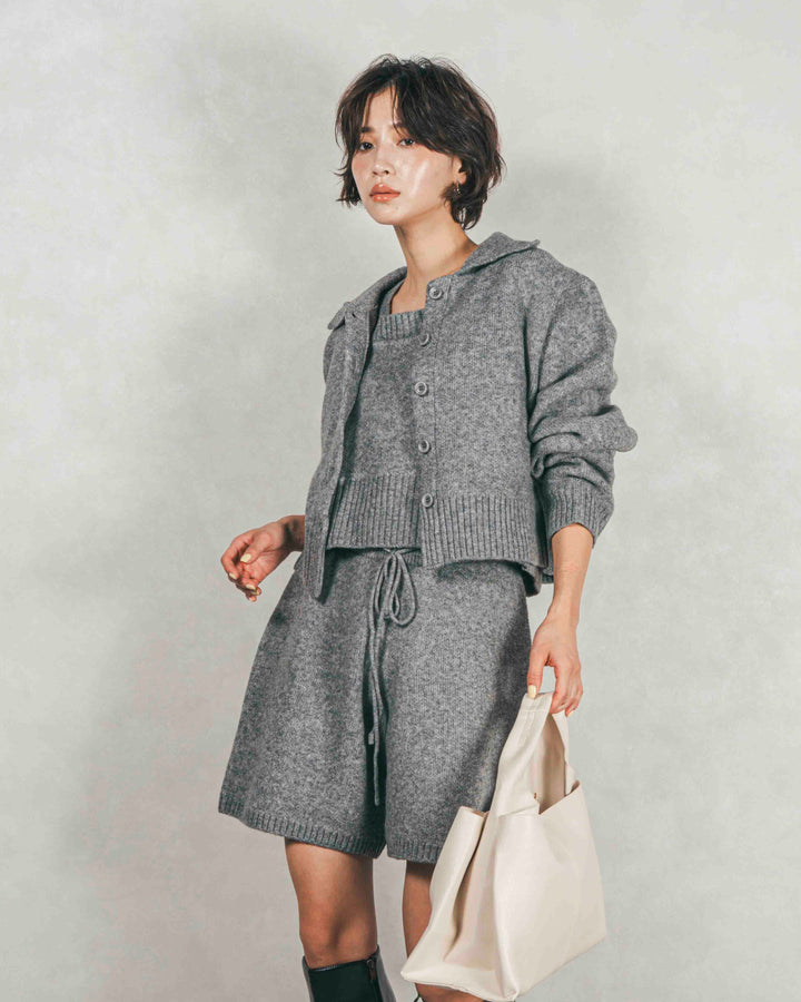 ［SET］Cloudyメランジ襟付きカーディガン+Cloudyメランジクロップドベスト+Cloudyメランジハーフパンツ（3SET）