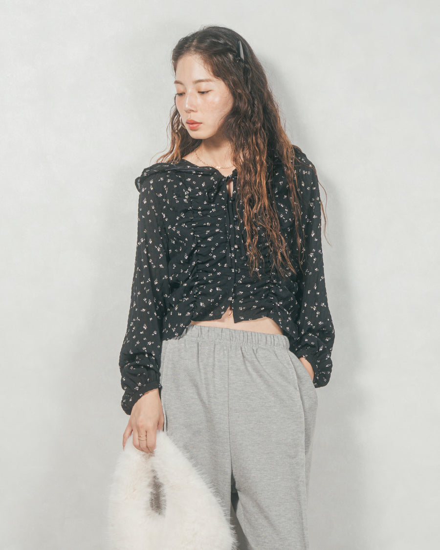 【再々入荷】Flowerプリントフリルブラウス (BLACK)