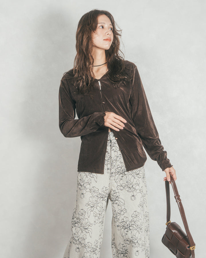 ベロア Vネックカーディガン (BROWN)