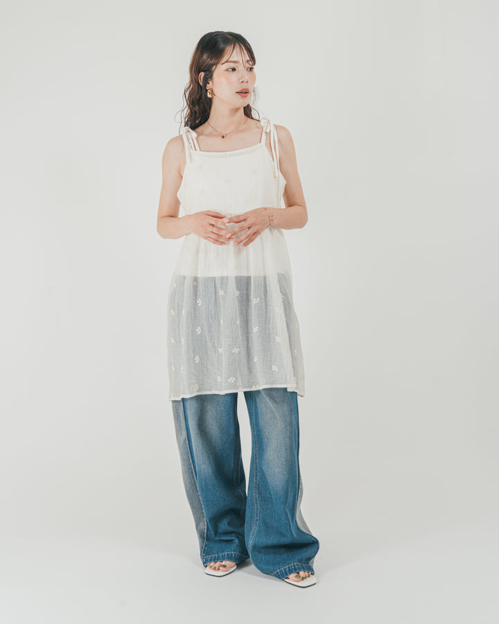 ［SET］ショルダーリボン刺繍Veilキャミ + 10oz サイドタック リラックスデニムパンツ（2SET）