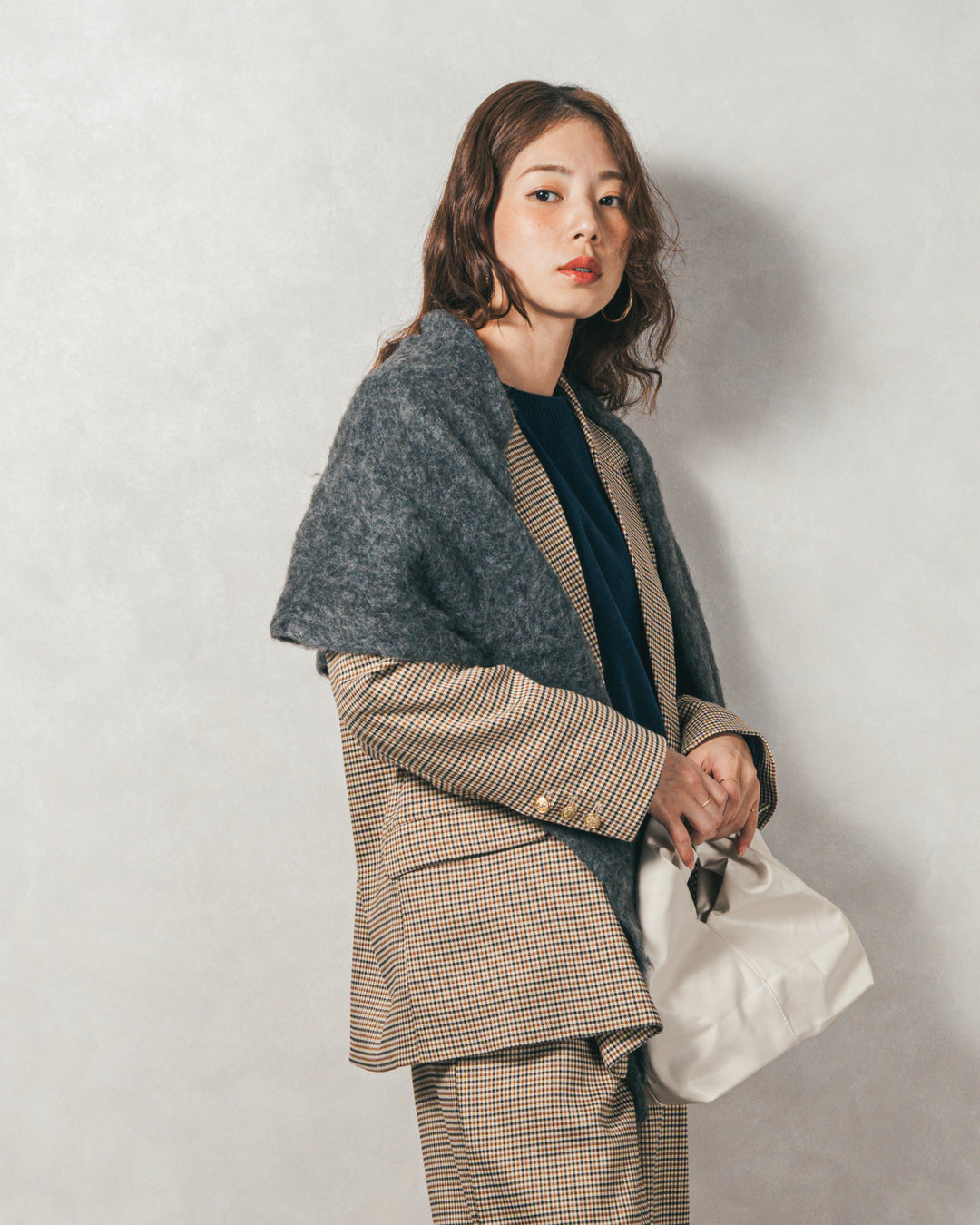 ［SET］スウェットライクロゴ刺繍ニット+Effortless チェックジャケット+Effortless チェックタックパンツ（3SET）