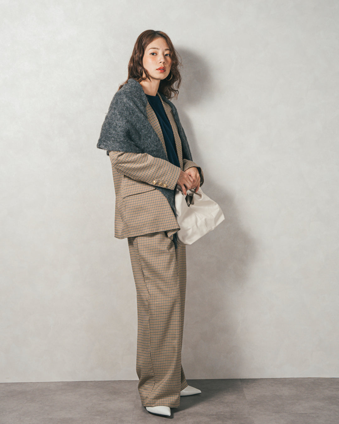 ［SET］スウェットライクロゴ刺繍ニット+Effortless チェックジャケット+Effortless チェックタックパンツ（3SET）