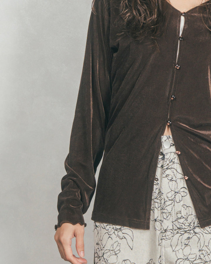 ベロア Vネックカーディガン (BROWN)