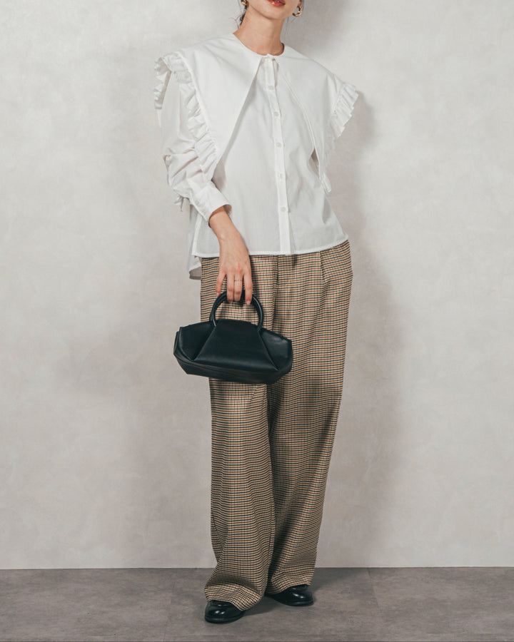 ［SET］2WAYビッグフリルカラーブラウス+Effortless チェックタックパンツ（2SET）