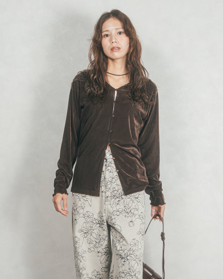 ベロア Vネックカーディガン (BROWN)