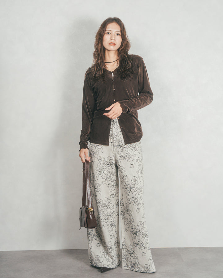 ベロア Vネックカーディガン (BROWN)