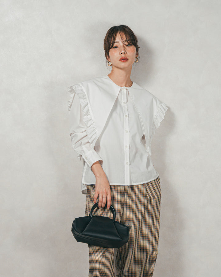 ［SET］2WAYビッグフリルカラーブラウス+Effortless チェックタックパンツ（2SET）