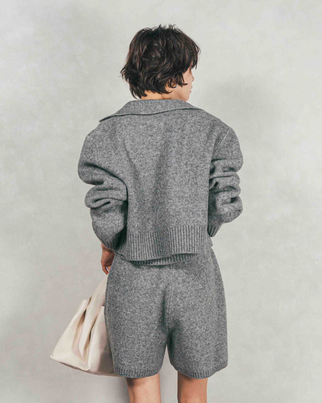 ［SET］Cloudyメランジ襟付きカーディガン+Cloudyメランジクロップドベスト+Cloudyメランジハーフパンツ（3SET）