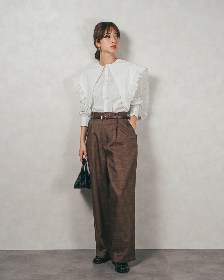 ［SET］2WAYビッグフリルカラーブラウス+Effortless チェックタックパンツ（2SET）