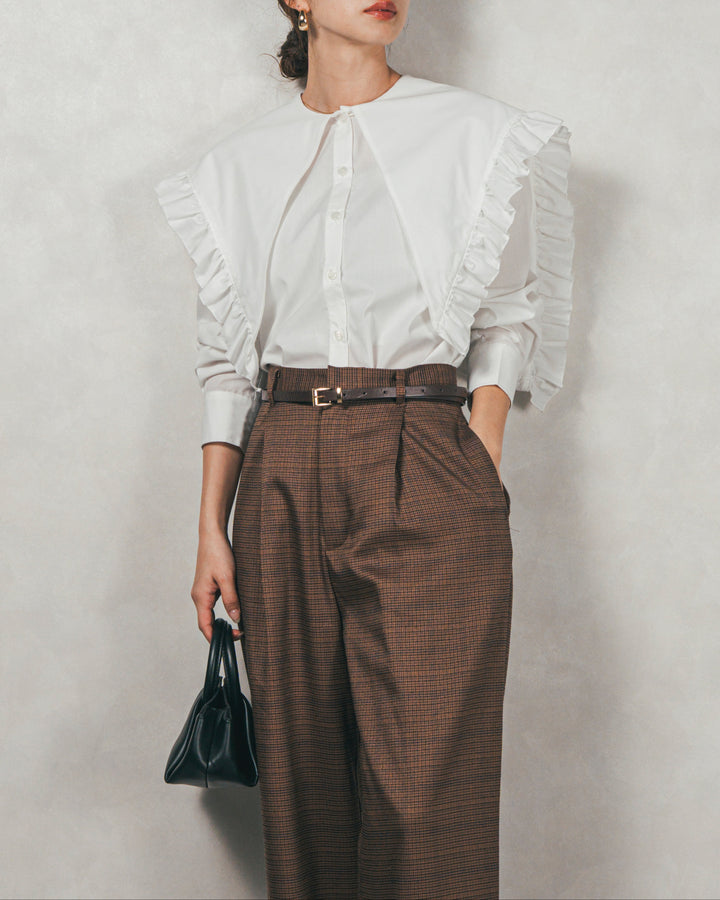 ［SET］2WAYビッグフリルカラーブラウス+Effortless チェックタックパンツ（2SET）