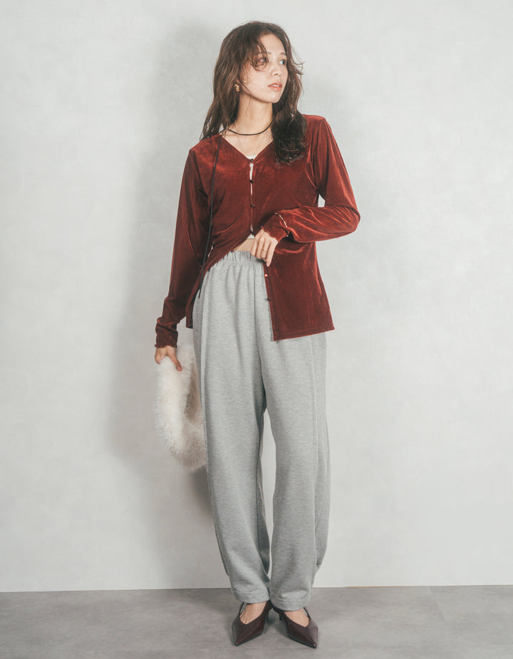 ［SET］ベロア Vネックカーディガン+2-Way ウェーブデザインスウェットパンツ（2SET）