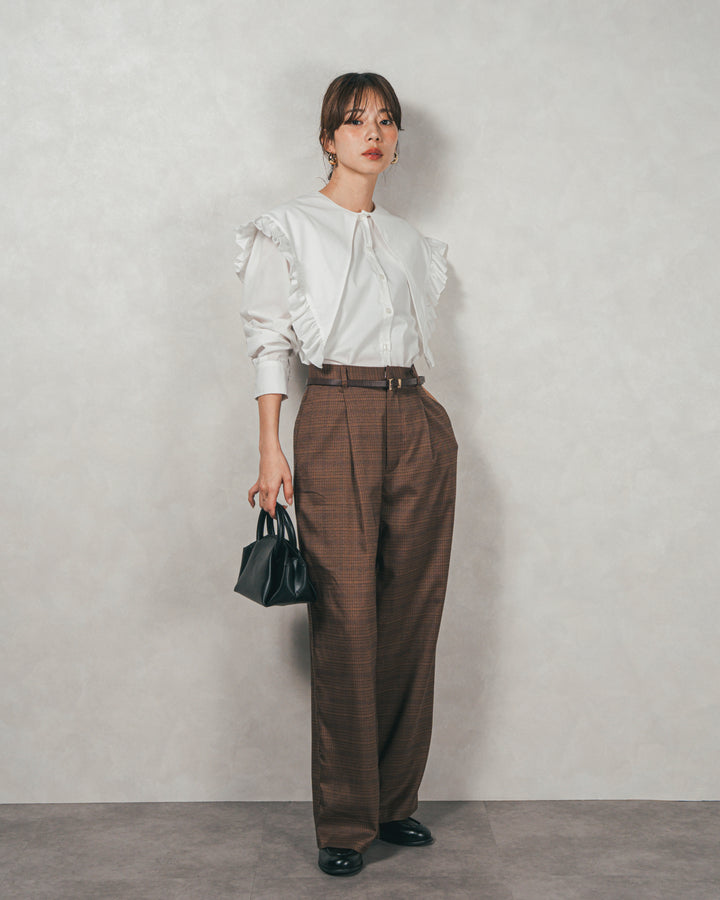 ［SET］2WAYビッグフリルカラーブラウス+Effortless チェックタックパンツ（2SET）