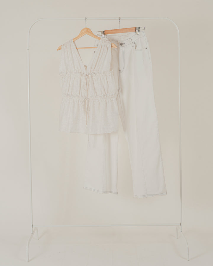 ［SET］リネンタッチShirringリボンブラウス + 10oz ニュアンスバイカラー リラックスワイドデニム（2SET）