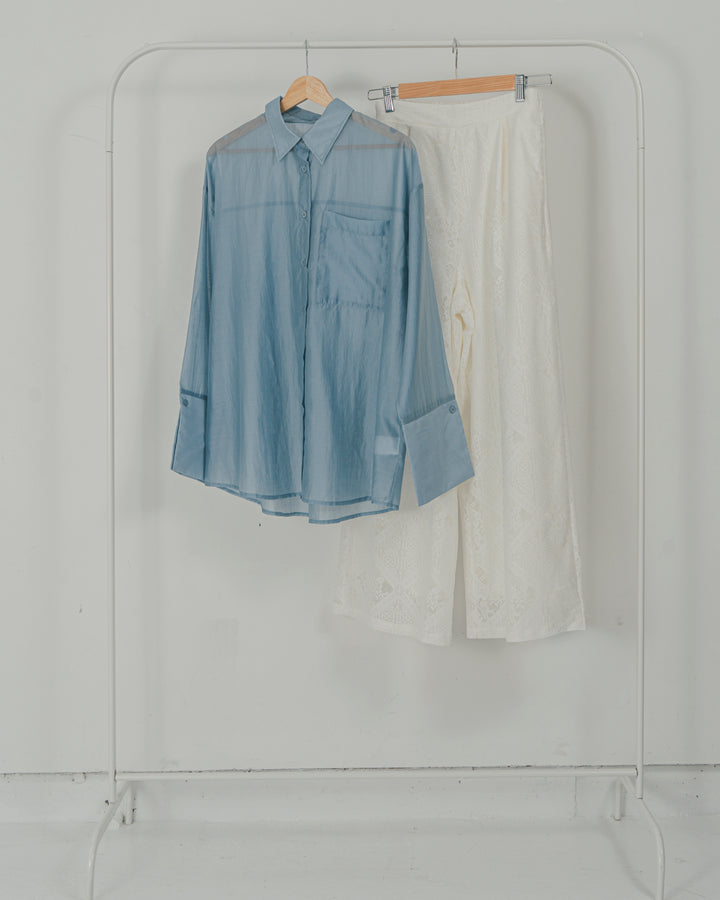 ［SET］Clear Sheer オーバーシャツ + Blockレース　ストレートパンツ（2SET）