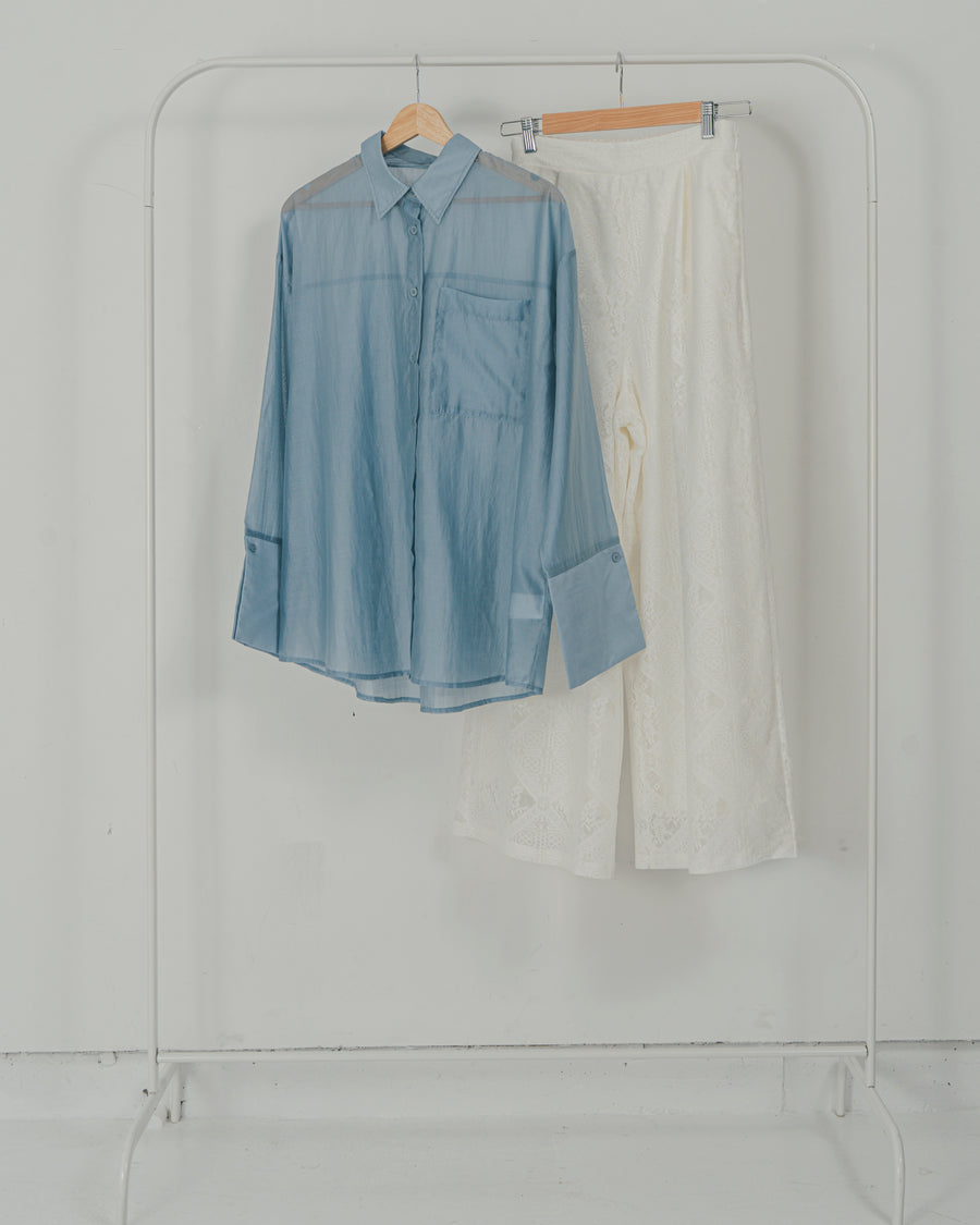 ［SET］Clear Sheer オーバーシャツ + Blockレース　ストレートパンツ（2SET）