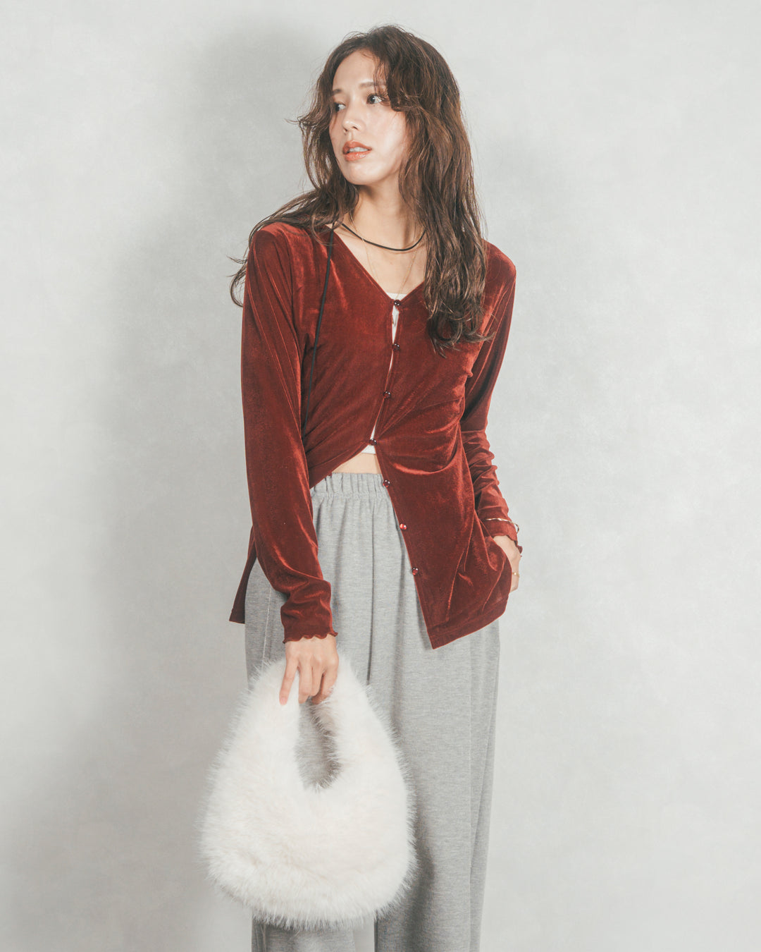 ［SET］ベロア Vネックカーディガン+2-Way ウェーブデザインスウェットパンツ（2SET）