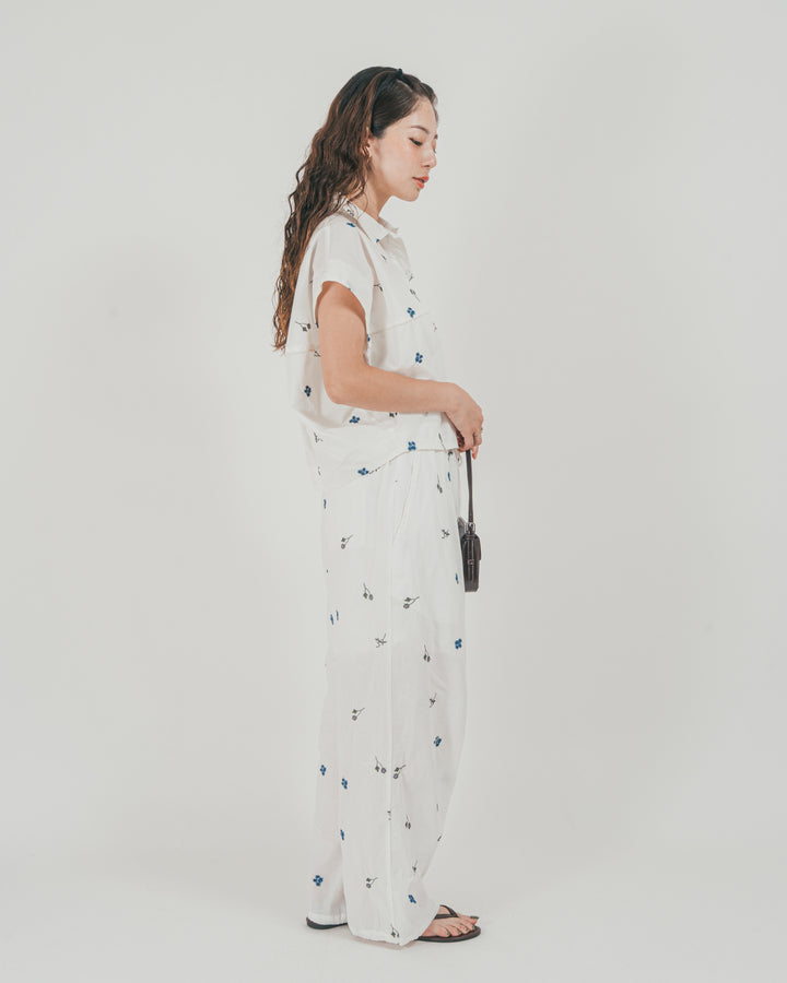 ［SET］Flower刺繍コクーンシャツ + Flower刺繍リラックスパンツ（2SET）