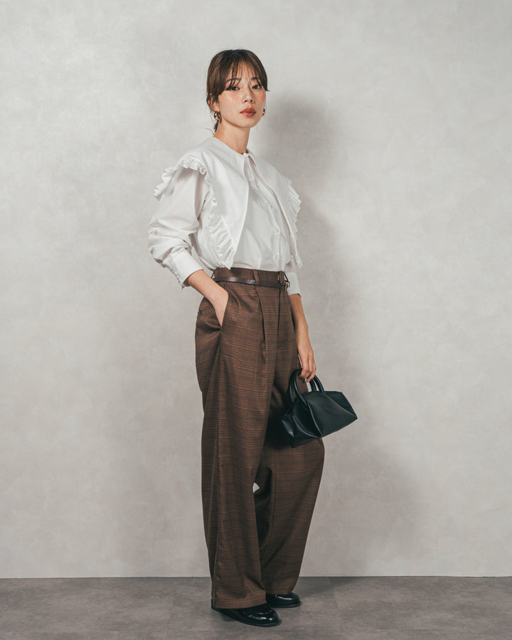 ［SET］2WAYビッグフリルカラーブラウス+Effortless チェックタックパンツ（2SET）