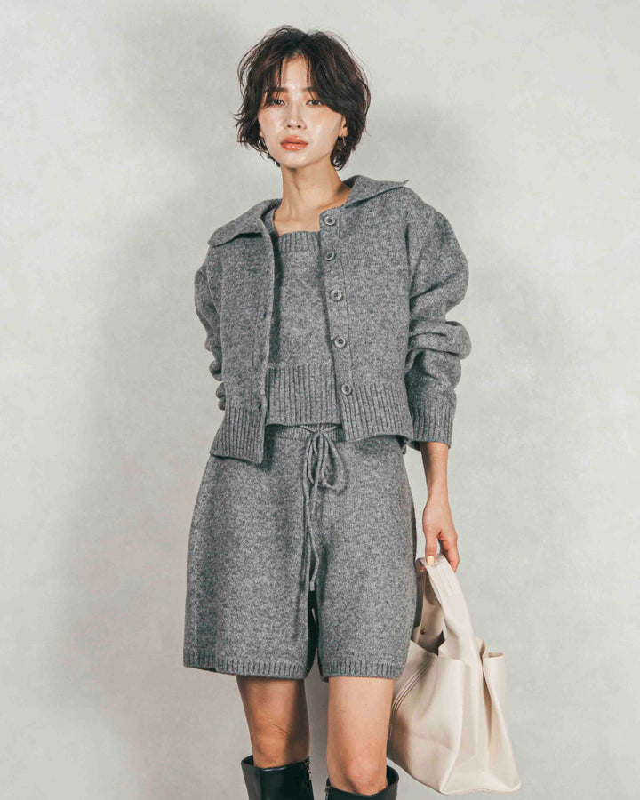 ［SET］Cloudyメランジ襟付きカーディガン+Cloudyメランジクロップドベスト+Cloudyメランジハーフパンツ（3SET）