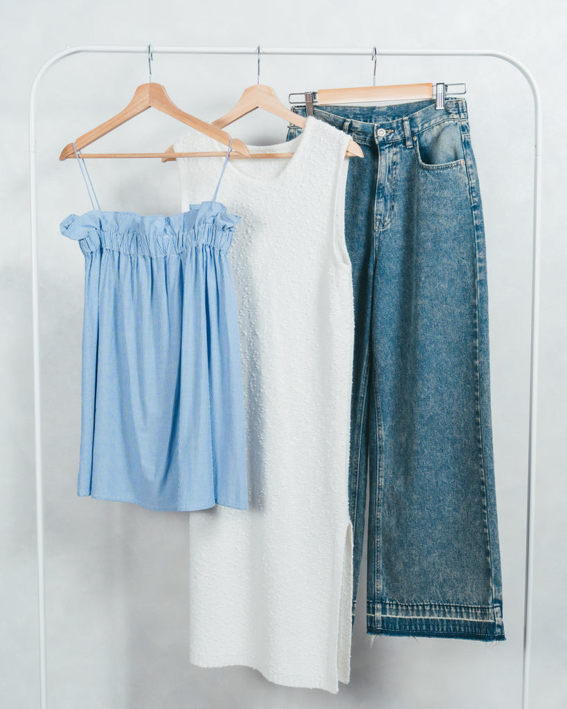 SET］ネップヤーンノースリーブニットワンピ+シーストライプギャザー