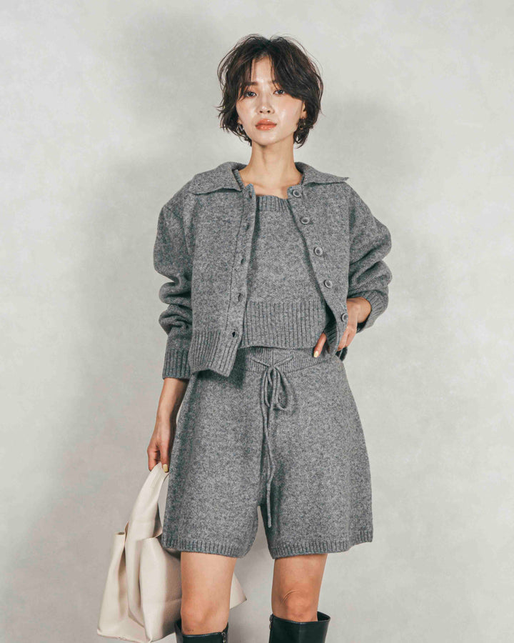［SET］Cloudyメランジ襟付きカーディガン+Cloudyメランジクロップドベスト+Cloudyメランジハーフパンツ（3SET）