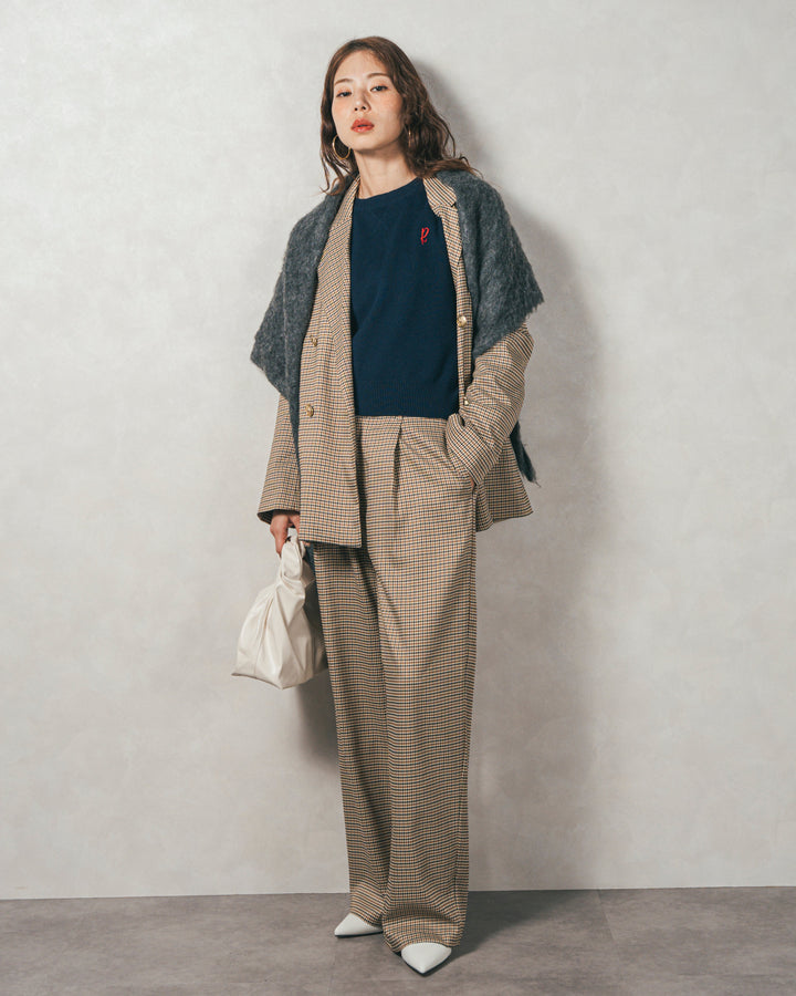 ［SET］スウェットライクロゴ刺繍ニット+Effortless チェックジャケット+Effortless チェックタックパンツ（3SET）