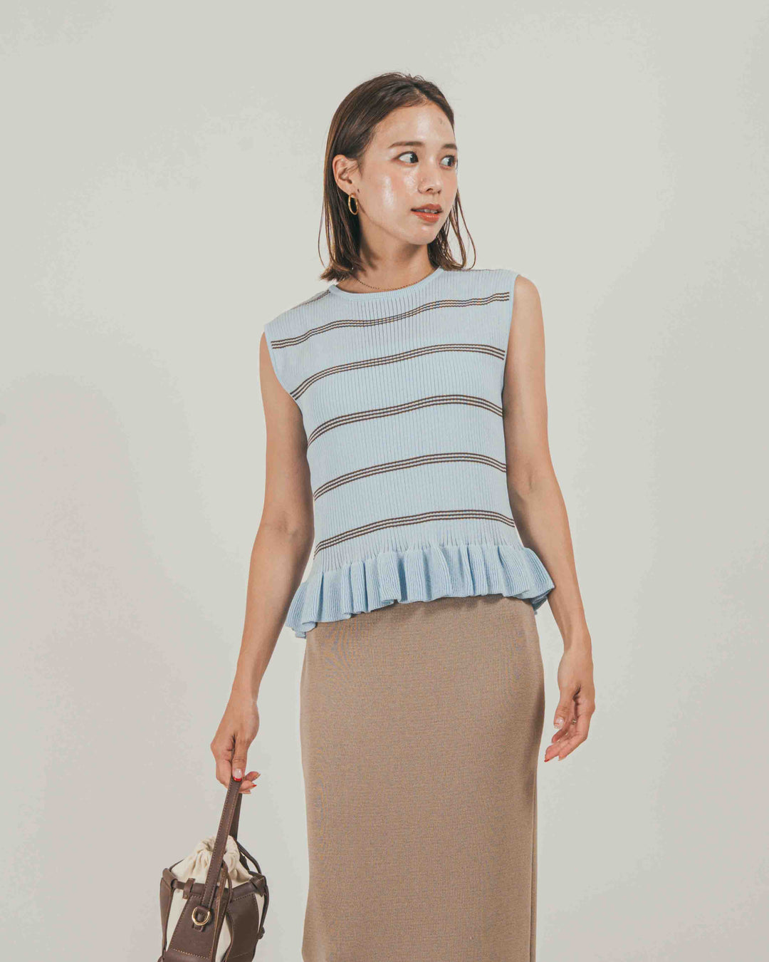 ［SET］Rib Border フリルニット + Relax Knit ストレートスカート（2SET）